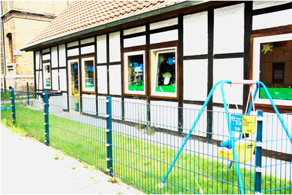 Die Kinderkrippe Krümelkeks von außen, Fachwerkhaus im Madamenweg in Braunschweig